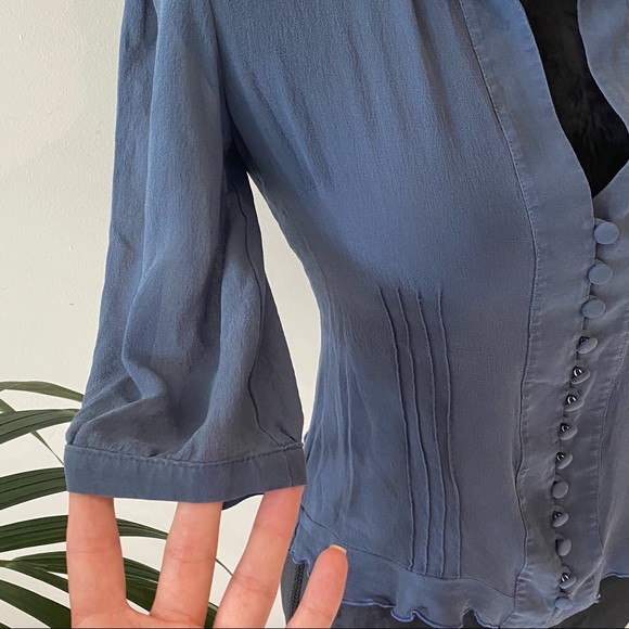 CUE Vintage 100% Silk Blue Collared Blouse with buttons Formal Classic Size 8 - Picture 5 of 13